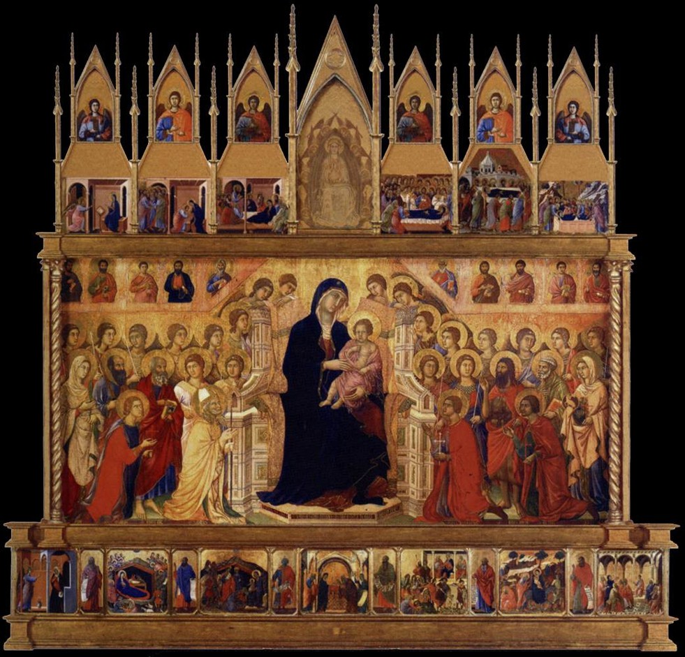 Duccio, Maestà, voorzijde, reconstructie, 1308-1311, tempera op paneel, Siena, Museo dell’Opera del Duomo